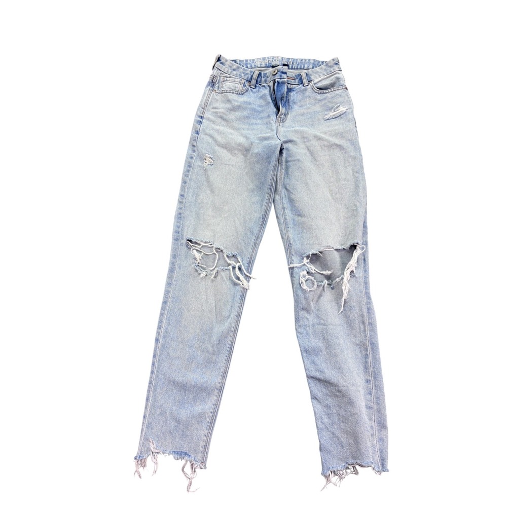 American Eagle Wide Leg Ripped Jeans Light Wash Distressed Raw Hem Womens Size 0